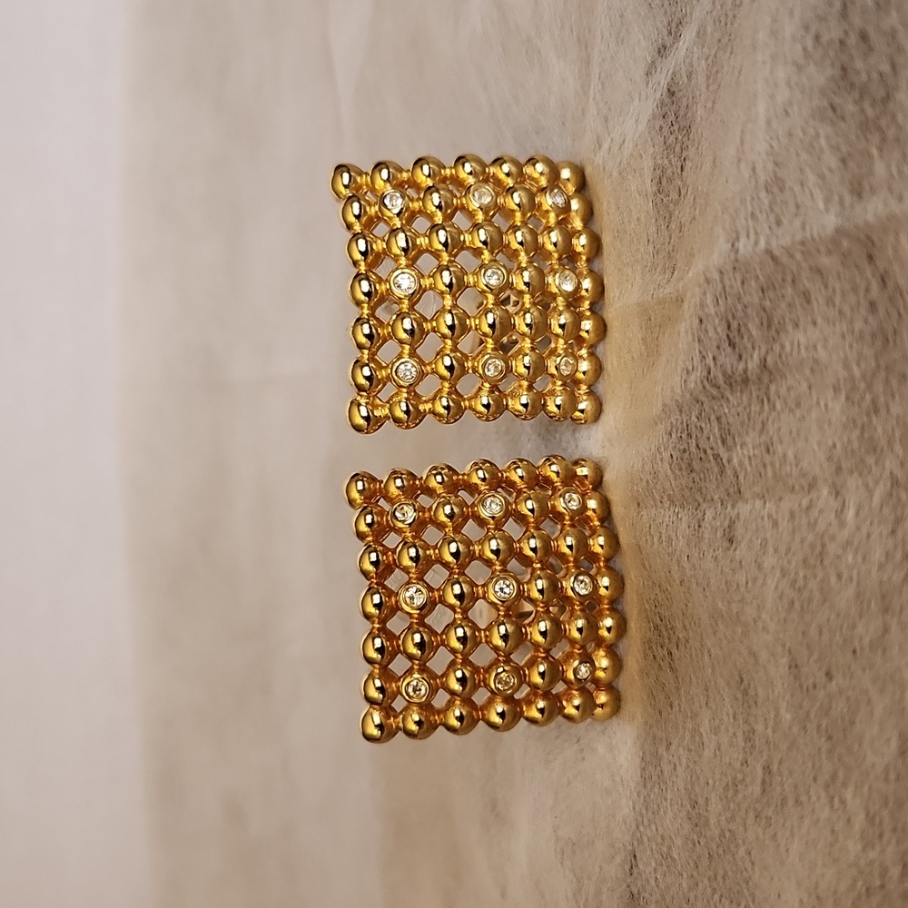 CHRISTIAN DIOR | Vintage Woven Square Rhinestone Clip On Earrings